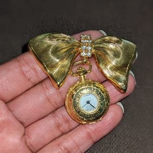 Vintage Gold Pocket Watch Pin with Bow and rhinestone